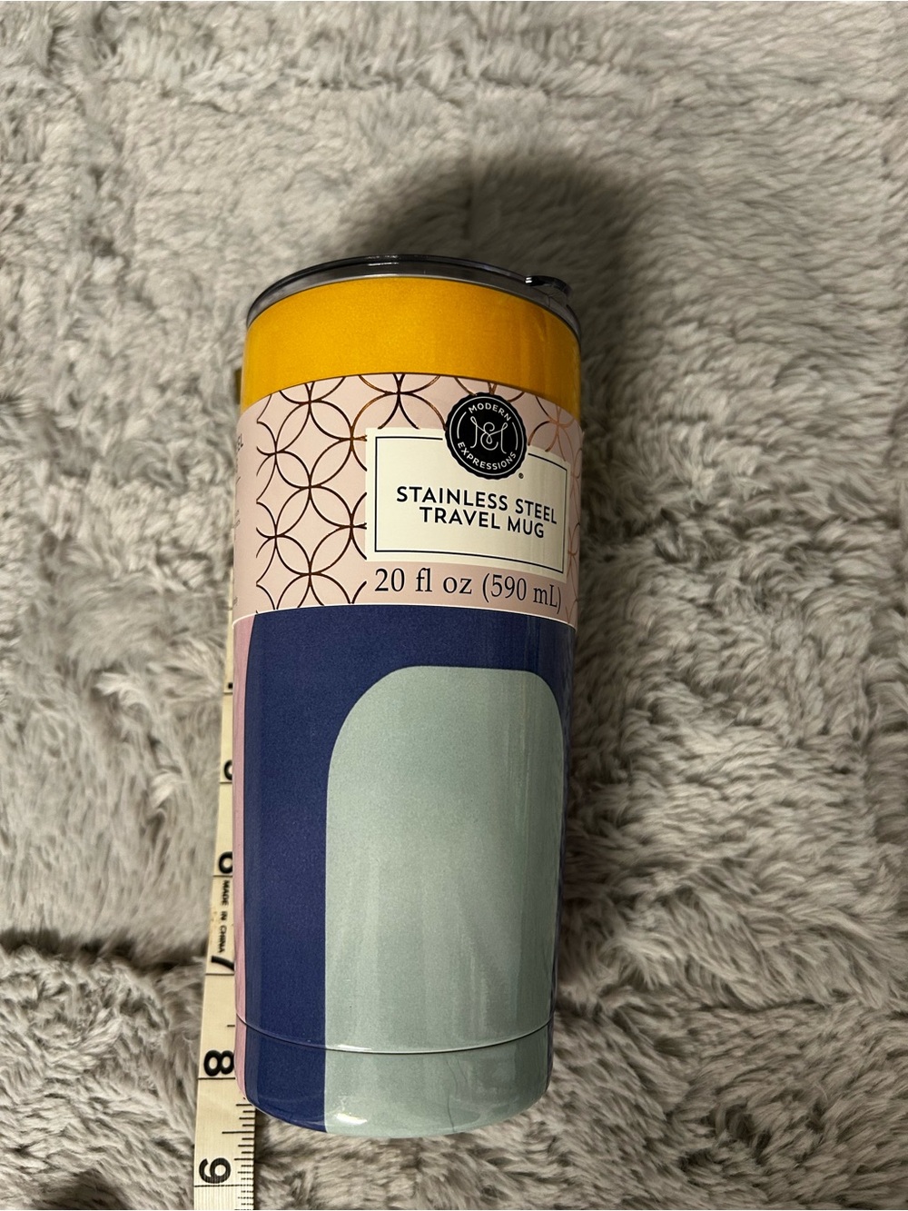 Stainless Steel Travel Mug in Abstract Mustard, Navy, Pink & Mint